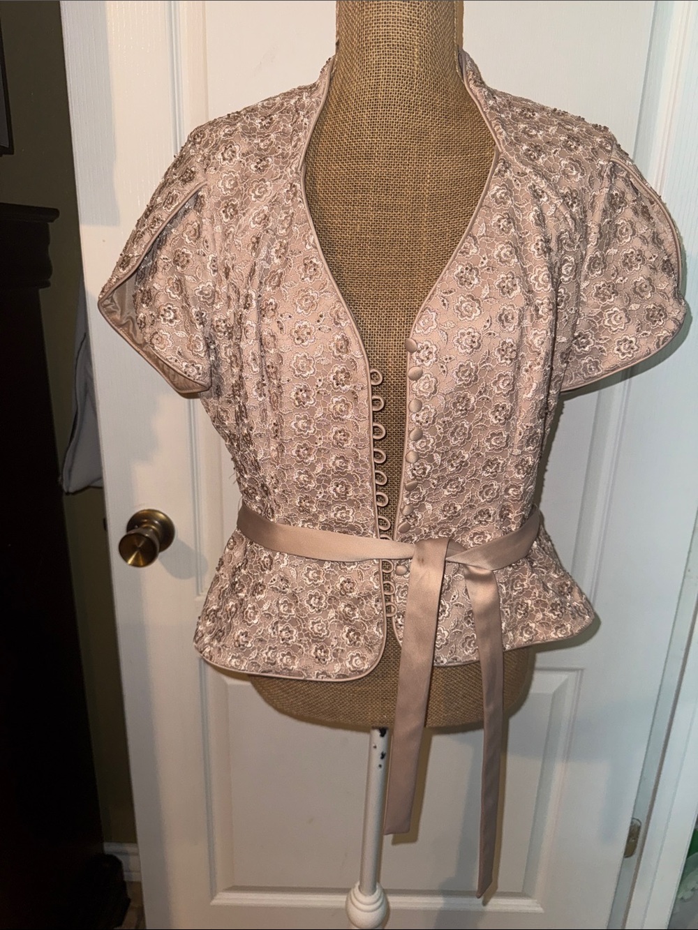 JS Collections Blush Floral Lace Short Sleeve Peplum Blouse with Satin Waist Tie